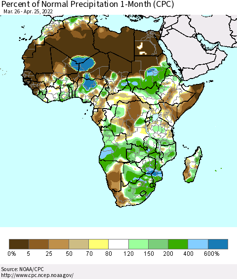Africa Percent of Normal Precipitation 1-Month (CPC) Thematic Map For 3/26/2022 - 4/25/2022