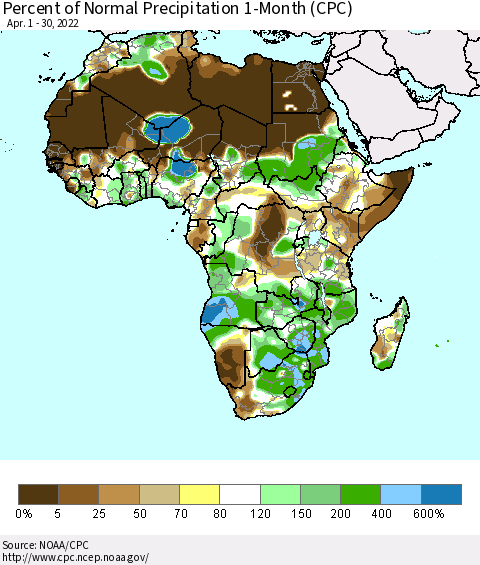 Africa Percent of Normal Precipitation 1-Month (CPC) Thematic Map For 4/1/2022 - 4/30/2022
