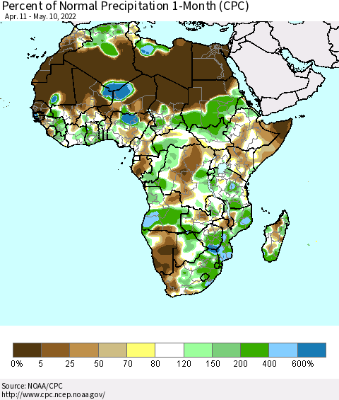 Africa Percent of Normal Precipitation 1-Month (CPC) Thematic Map For 4/11/2022 - 5/10/2022