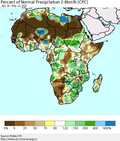 Africa Percent of Normal Precipitation 1-Month (CPC) Thematic Map For 4/16/2022 - 5/15/2022