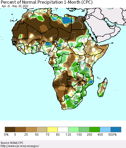 Africa Percent of Normal Precipitation 1-Month (CPC) Thematic Map For 4/21/2022 - 5/20/2022