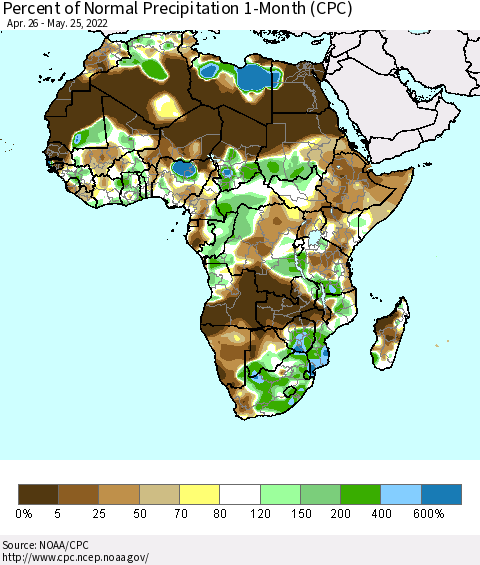 Africa Percent of Normal Precipitation 1-Month (CPC) Thematic Map For 4/26/2022 - 5/25/2022