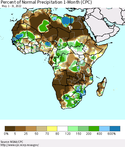 Africa Percent of Normal Precipitation 1-Month (CPC) Thematic Map For 5/1/2022 - 5/31/2022