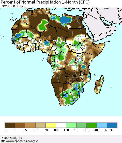 Africa Percent of Normal Precipitation 1-Month (CPC) Thematic Map For 5/6/2022 - 6/5/2022