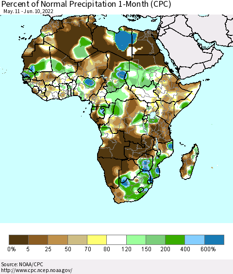 Africa Percent of Normal Precipitation 1-Month (CPC) Thematic Map For 5/11/2022 - 6/10/2022