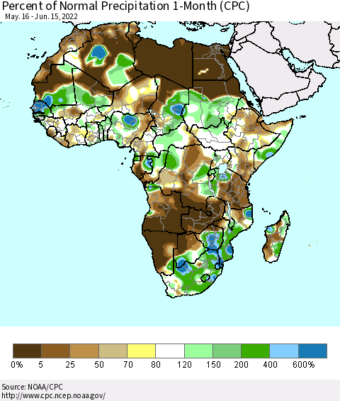 Africa Percent of Normal Precipitation 1-Month (CPC) Thematic Map For 5/16/2022 - 6/15/2022