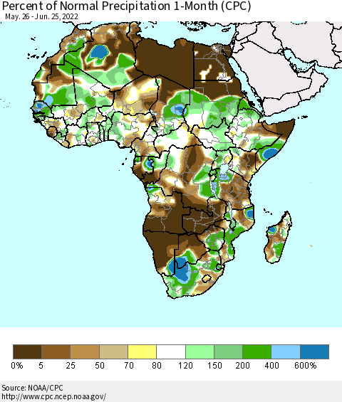 Africa Percent of Normal Precipitation 1-Month (CPC) Thematic Map For 5/26/2022 - 6/25/2022