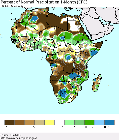 Africa Percent of Normal Precipitation 1-Month (CPC) Thematic Map For 6/6/2022 - 7/5/2022