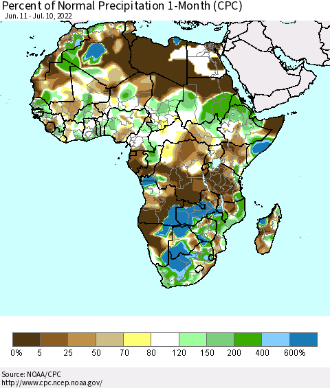 Africa Percent of Normal Precipitation 1-Month (CPC) Thematic Map For 6/11/2022 - 7/10/2022
