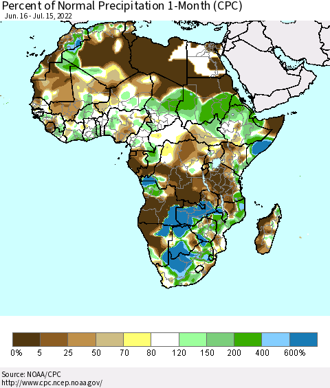 Africa Percent of Normal Precipitation 1-Month (CPC) Thematic Map For 6/16/2022 - 7/15/2022