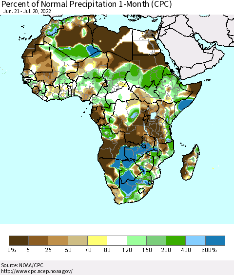 Africa Percent of Normal Precipitation 1-Month (CPC) Thematic Map For 6/21/2022 - 7/20/2022