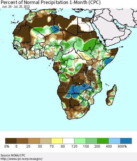 Africa Percent of Normal Precipitation 1-Month (CPC) Thematic Map For 6/26/2022 - 7/25/2022