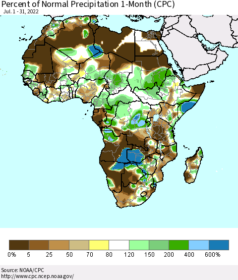 Africa Percent of Normal Precipitation 1-Month (CPC) Thematic Map For 7/1/2022 - 7/31/2022