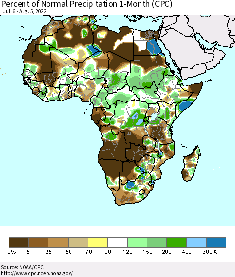 Africa Percent of Normal Precipitation 1-Month (CPC) Thematic Map For 7/6/2022 - 8/5/2022