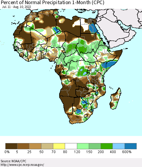 Africa Percent of Normal Precipitation 1-Month (CPC) Thematic Map For 7/11/2022 - 8/10/2022