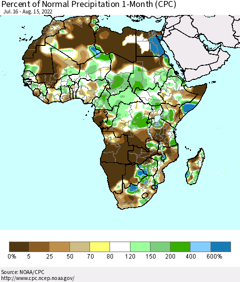 Africa Percent of Normal Precipitation 1-Month (CPC) Thematic Map For 7/16/2022 - 8/15/2022