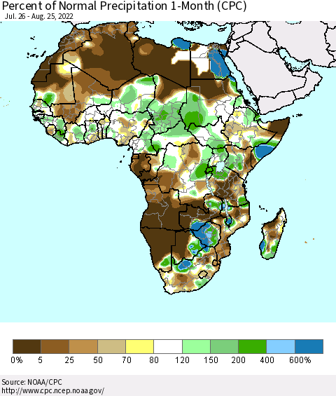 Africa Percent of Normal Precipitation 1-Month (CPC) Thematic Map For 7/26/2022 - 8/25/2022