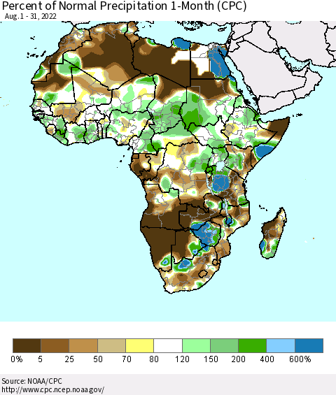Africa Percent of Normal Precipitation 1-Month (CPC) Thematic Map For 8/1/2022 - 8/31/2022