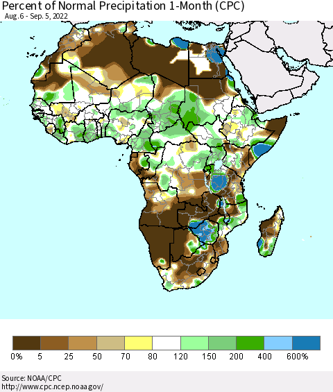 Africa Percent of Normal Precipitation 1-Month (CPC) Thematic Map For 8/6/2022 - 9/5/2022