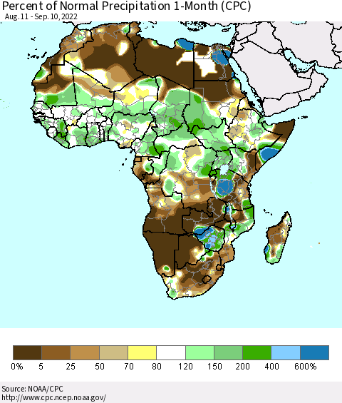 Africa Percent of Normal Precipitation 1-Month (CPC) Thematic Map For 8/11/2022 - 9/10/2022