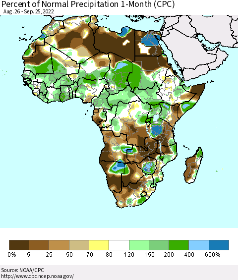 Africa Percent of Normal Precipitation 1-Month (CPC) Thematic Map For 8/26/2022 - 9/25/2022