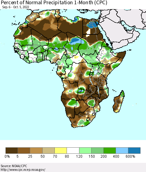 Africa Percent of Normal Precipitation 1-Month (CPC) Thematic Map For 9/6/2022 - 10/5/2022