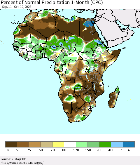 Africa Percent of Normal Precipitation 1-Month (CPC) Thematic Map For 9/11/2022 - 10/10/2022