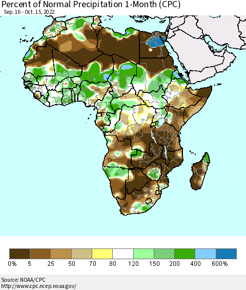 Africa Percent of Normal Precipitation 1-Month (CPC) Thematic Map For 9/16/2022 - 10/15/2022