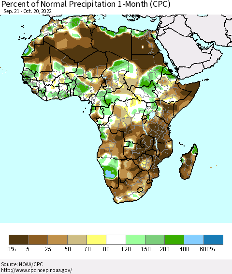 Africa Percent of Normal Precipitation 1-Month (CPC) Thematic Map For 9/21/2022 - 10/20/2022