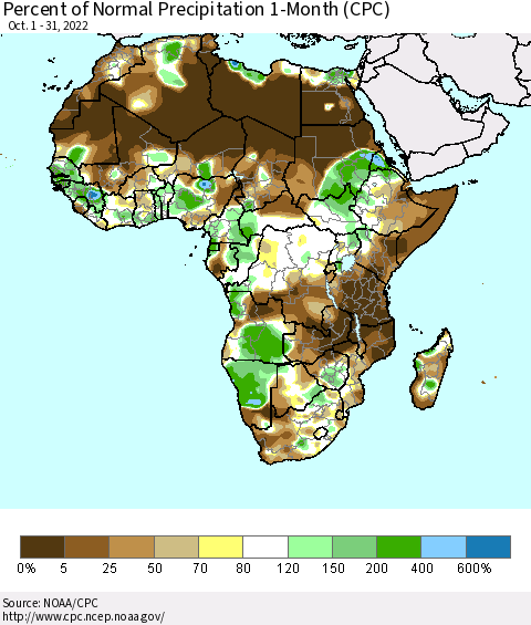 Africa Percent of Normal Precipitation 1-Month (CPC) Thematic Map For 10/1/2022 - 10/31/2022