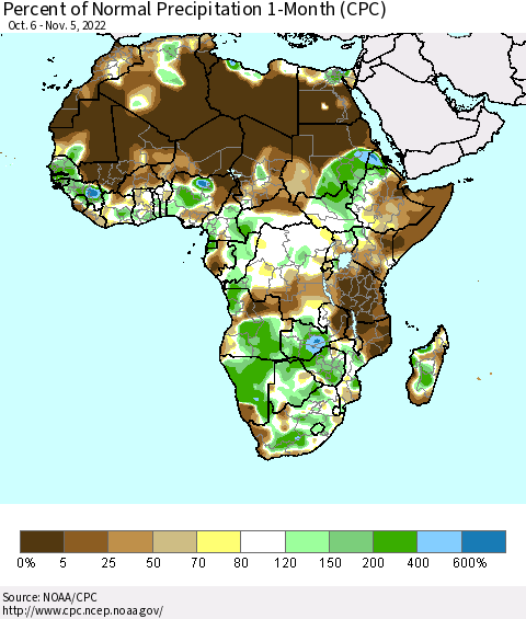 Africa Percent of Normal Precipitation 1-Month (CPC) Thematic Map For 10/6/2022 - 11/5/2022