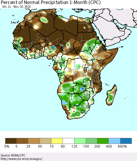 Africa Percent of Normal Precipitation 1-Month (CPC) Thematic Map For 10/11/2022 - 11/10/2022