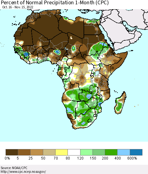 Africa Percent of Normal Precipitation 1-Month (CPC) Thematic Map For 10/16/2022 - 11/15/2022