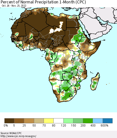 Africa Percent of Normal Precipitation 1-Month (CPC) Thematic Map For 10/26/2022 - 11/25/2022