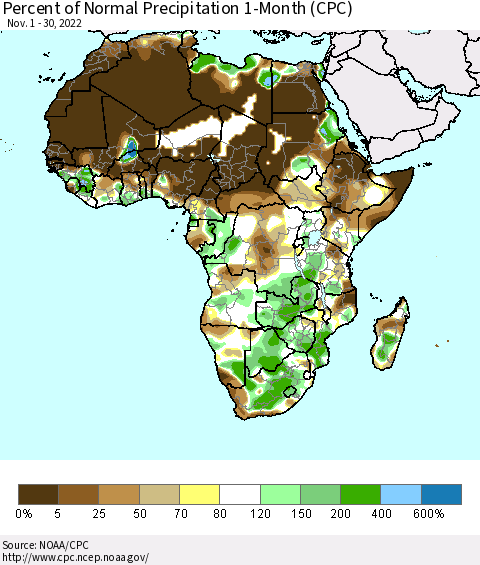 Africa Percent of Normal Precipitation 1-Month (CPC) Thematic Map For 11/1/2022 - 11/30/2022