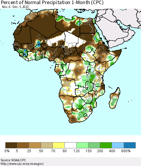 Africa Percent of Normal Precipitation 1-Month (CPC) Thematic Map For 11/6/2022 - 12/5/2022