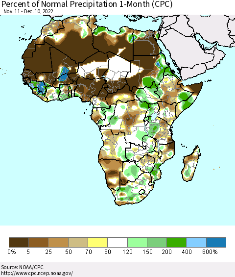 Africa Percent of Normal Precipitation 1-Month (CPC) Thematic Map For 11/11/2022 - 12/10/2022