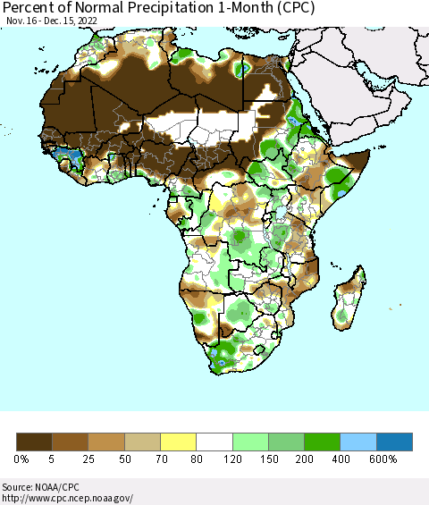 Africa Percent of Normal Precipitation 1-Month (CPC) Thematic Map For 11/16/2022 - 12/15/2022