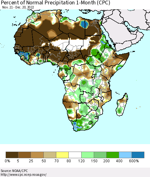 Africa Percent of Normal Precipitation 1-Month (CPC) Thematic Map For 11/21/2022 - 12/20/2022