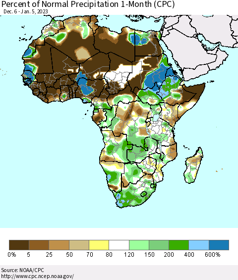 Africa Percent of Normal Precipitation 1-Month (CPC) Thematic Map For 12/6/2022 - 1/5/2023