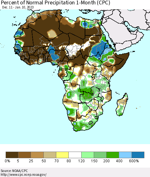 Africa Percent of Normal Precipitation 1-Month (CPC) Thematic Map For 12/11/2022 - 1/10/2023
