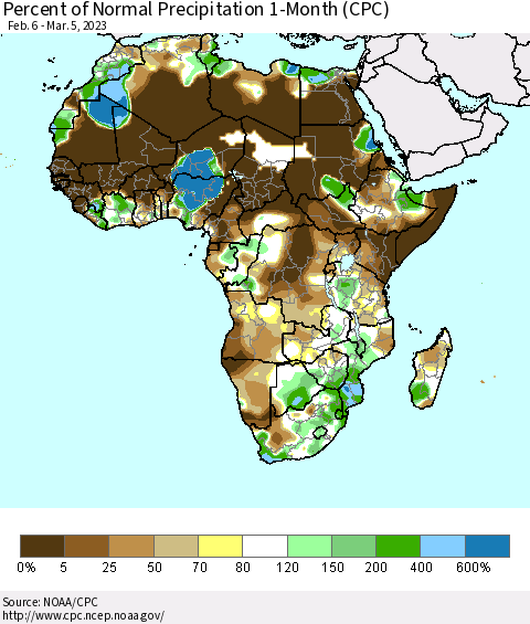 Africa Percent of Normal Precipitation 1-Month (CPC) Thematic Map For 2/6/2023 - 3/5/2023