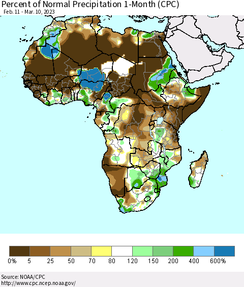 Africa Percent of Normal Precipitation 1-Month (CPC) Thematic Map For 2/11/2023 - 3/10/2023
