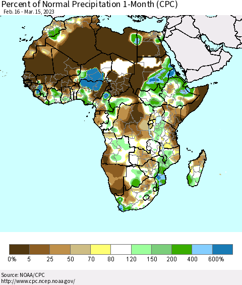 Africa Percent of Normal Precipitation 1-Month (CPC) Thematic Map For 2/16/2023 - 3/15/2023