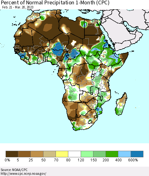 Africa Percent of Normal Precipitation 1-Month (CPC) Thematic Map For 2/21/2023 - 3/20/2023