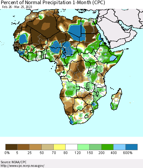Africa Percent of Normal Precipitation 1-Month (CPC) Thematic Map For 2/26/2023 - 3/25/2023