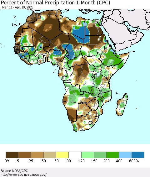 Africa Percent of Normal Precipitation 1-Month (CPC) Thematic Map For 3/11/2023 - 4/10/2023