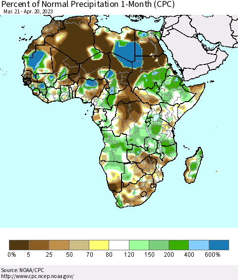 Africa Percent of Normal Precipitation 1-Month (CPC) Thematic Map For 3/21/2023 - 4/20/2023