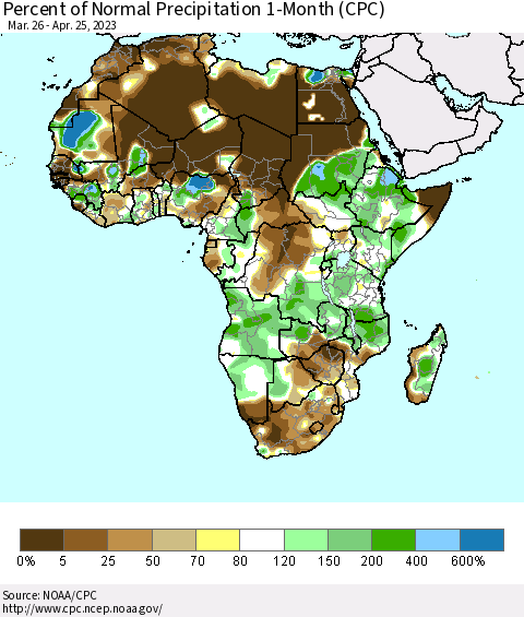 Africa Percent of Normal Precipitation 1-Month (CPC) Thematic Map For 3/26/2023 - 4/25/2023