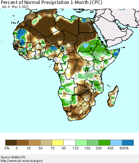 Africa Percent of Normal Precipitation 1-Month (CPC) Thematic Map For 4/6/2023 - 5/5/2023